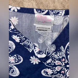 Willow Brook Navy Blue and Light Pink Floral Scrub Top thumbnail 3