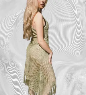 Green crochet maxi dress with fringe thumbnail 3