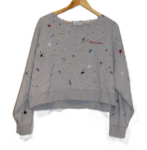 Champion‎ Womens Light Gray Paint Splatter Cropped Sweatshirt Large thumbnail 1