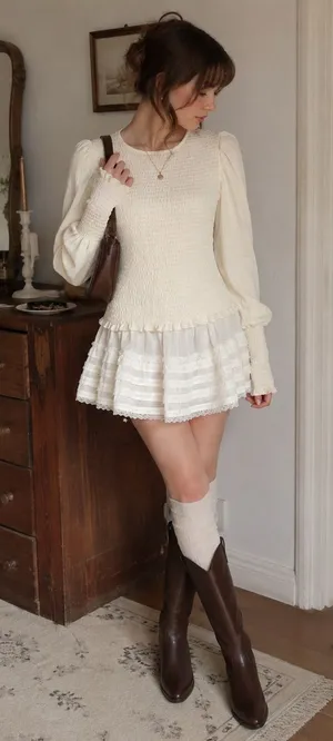 Anthropologie Ivory Smocked Puff Sleeve Peplum Top Small thumbnail 1