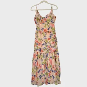 Lulus Dress Blush Pink Stunning Soiree Floral Ruched Midi V Neck Chiffon Small thumbnail 3