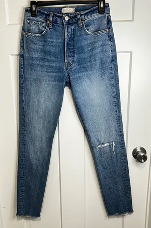 We The Free People Button Fly High Rise Skinny Jeans Size 27 Distressed Frayed thumbnail 1