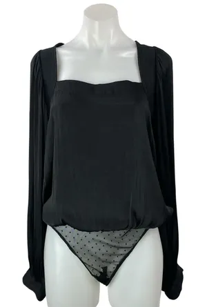 Free People Intimately Black Long Sleeve Smocked Lace Thong Bodysuit Top Size S thumbnail 1