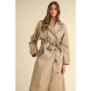 NEW Mable Embroidered Trench Coat Sz Medium Taupe and Black Neutral thumbnail 14