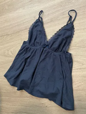 Lace-Trim Navy Chemise Tank with Adjustable Straps thumbnail 1