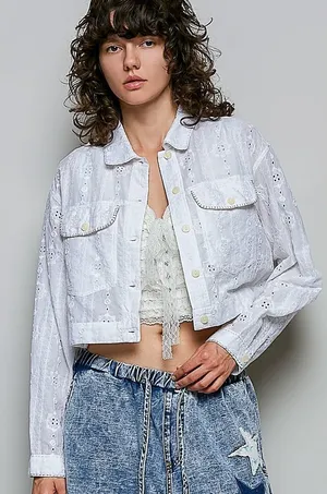 POL Eyelet Textured Cotton Cropped Button Front Jacket - Medium thumbnail 1