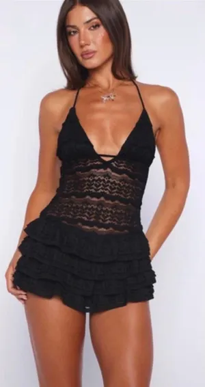 White Fox Boutique Black Lace Ruffle Mini Dress thumbnail 1