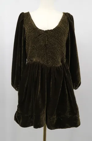 Free People Brown Bear Velvet‎ Smocked Mini Dress Long Sleeve Small thumbnail 1