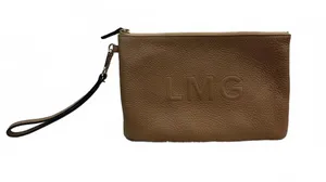 Brown Pebbled Leather Wristlet Clutch LMG Monogram Gold Tone Zip Pouch thumbnail 1