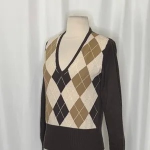 UNITED COLORS OF BENETTON Argyle Wool Blend V-Neck Sweater Preppy Size Small thumbnail 6