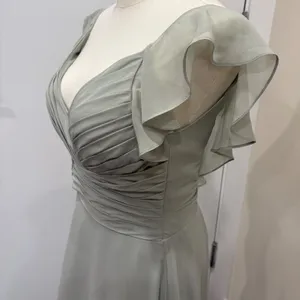 JJ's House‎ Soft Sage Green Chiffon Pleated V-Neck Flutter Sleeve Gown Bridal XS thumbnail 5