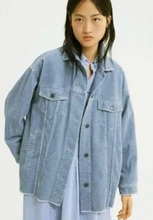 Zara Oversized Corduroy Trucker Jacket Womens XS Baby Blue Raw Hem Gorpcore 90s thumbnail 1
