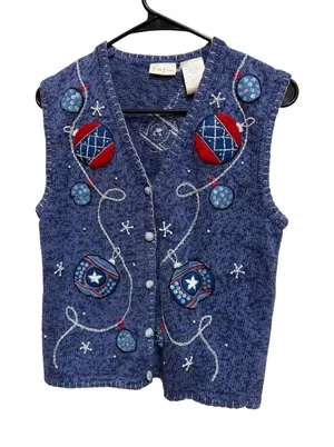 Bobbie Brooks Blue Knit Vest‎ Christmas Ornaments Applique V-Neck Size Small thumbnail 1