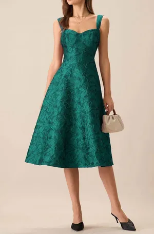 Rihoas Green Sweetheart Neck Jacquard Midi Dress thumbnail 3