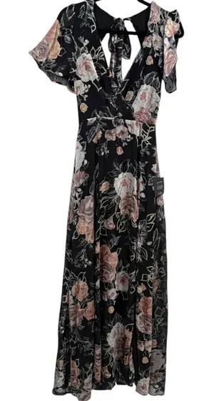 NWT Lulus Floral Velvet Burnout Maxi Dress Black Tie Back V Neck Size‎ XS Fairy thumbnail 1