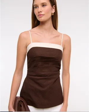 Abercrombie and Fitch AnF Dark Brown White Beige Linen Blend Tube Top Blouse thumbnail 8