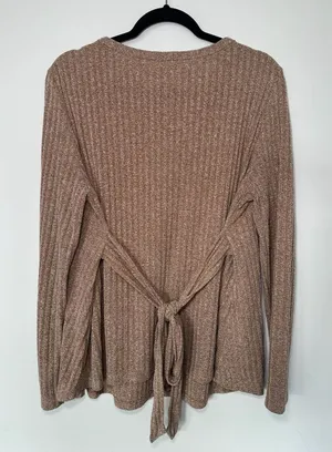 Tie-Back Ribbed Knit Long Sleeve Top Size XL Brown thumbnail 1