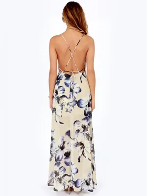 LUSH Long Ivory & Blue Floral Maxi Dress Sz S thumbnail 6