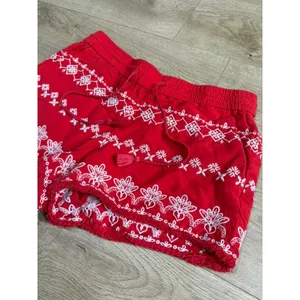 LOFT Red Embroidered shorts LINEN VISCOSE drawstring BOHO pockets Fray Edge sz S thumbnail 5