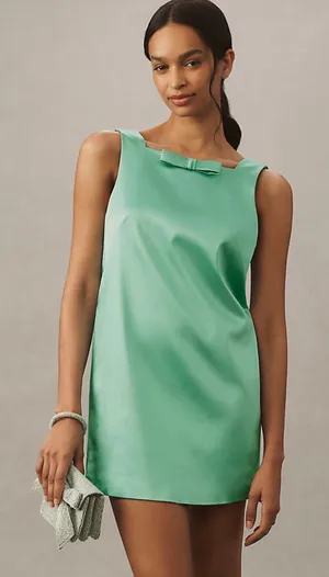 BHLDN Aqua/Teal Satin Bow-Back Mini Dress — Size Large thumbnail 1