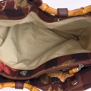 Cynthia Hart Los Angeles Floral Plaid Tote Bag Purse Bamboo Handles Gold Brown thumbnail 11
