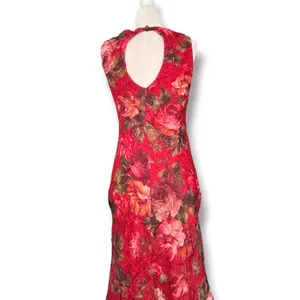 Vintage Red Floral Crinkle Maxi Dress Sleeveless Open Keyhole Back Romantic thumbnail 6