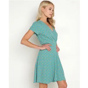 Rollas Cleo Emmy Lou Wrap Dress Teal Floral Print Mini V-Neck Short‎ Sleeve XS 6 thumbnail 2