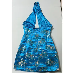 Blue Floral Satin Silk Criss-Cross Halter Mini Dress Size S 💙✨ thumbnail 4