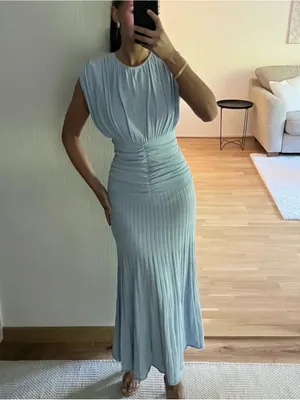 Zara ruched pleated knit Light Blue Midi Dress, stretchy thumbnail 11