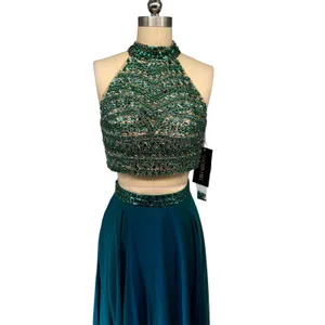 NWT Sherri Hill‎ 50096 Jade Beaded Halter Crop Top & Chiffon Skirt Set Size 2 thumbnail 5