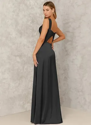 Azazie NWT X KENDALL + KYLIE A-Line Ruched Stretch Satin Floor-Length Dress in Black. Size 10. thumbnail 6