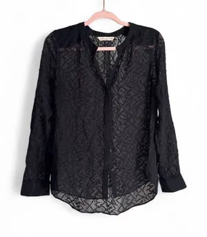 Rebecca Taylor Y2K Black Textured Button-Front Blouse Silk Blend Sheer Top Sz 4 thumbnail 1