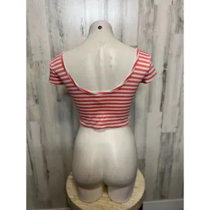 Crop Top Womens Medium Coral Pink White Striped Scoop Neck Short Sleeve thumbnail 3