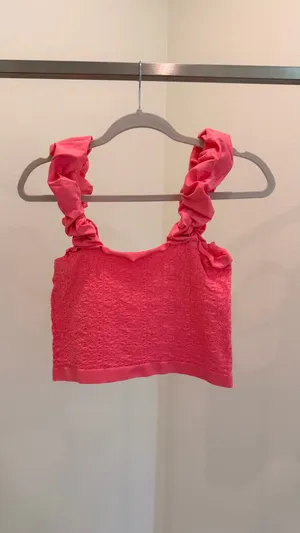 Anthropologie Pink Cropped Knit Tank Top Square Neck Ruffle Straps Size S thumbnail 2
