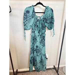 Cato Teal Navy Floral Puff Sleeve Smocked Tiered Midi Dress XSP‎ Petite thumbnail 2