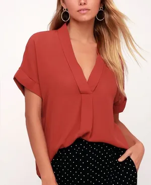 Lulus Rise to the Top Rust Red V-Neck Short Sleeve Top Blouse Medium thumbnail 1
