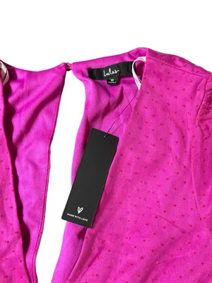 Lulus Dramatic Poise Hot Pink Dot Tulle Tiered Puff Sleeve Mini Dress M thumbnail 2