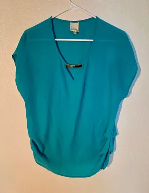 Meraki Women’s Gold Bar Cutout Chiffon Blouse Teal Green Size M W-220 thumbnail 1