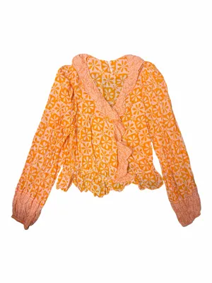 Free People 70s Retro Orange Pink Floral Ruffle Wrap Blouse Boho Peplum Top L thumbnail 2