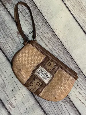 Guess Authentic Y2K Vintage Wristlet bag tan brown small Rhinestones silver logo thumbnail 7