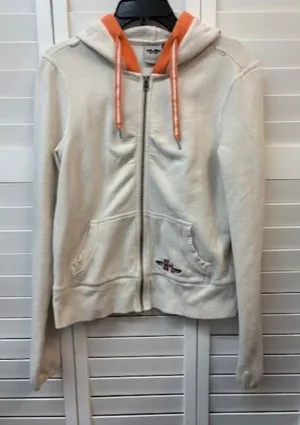 Harley-Davidson Womens Cream Orange Zip‎ Up Hoodie Fleece Sweatshirt Logo Large thumbnail 1