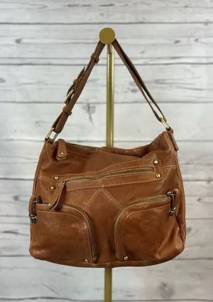Chocolat Blu Brown Leather Hobo Shoulder Bag Multi Pocket Zip Boho Satchel Purse thumbnail 1