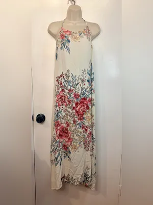 Billabong XS San Sebonne Floral Halter Maxi Dress Ivory Pink Crinkle Open Back thumbnail 2