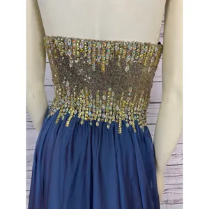 2000s Glow Dress Blue Chiffon Beaded Prom Gown Gold Sequin Formal Strapless S thumbnail 7