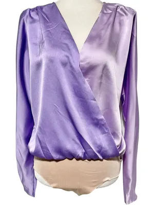 New Strut & Bolt Two Tone Satin Faux Wrap Long Sleeve Bodysuit Purple Size Large thumbnail 1