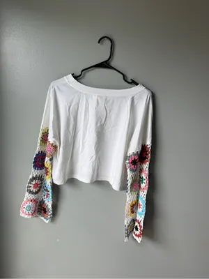 Entro Crochet Sleeve Crop Top White Boho Medium thumbnail 4