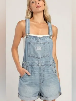 Levi's NWT Shortall Light Wash Cuffed Denim Vintage Festival Short Overalls XL thumbnail 2