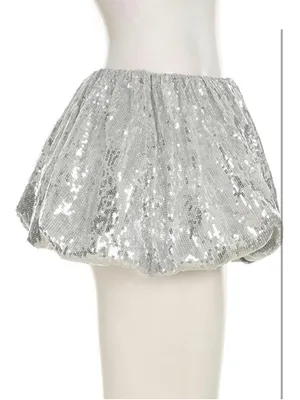 NEW Bubble Mini Skirt Sequin Sparkly High Elastic Waisted Puffy Balloon Short M thumbnail 3