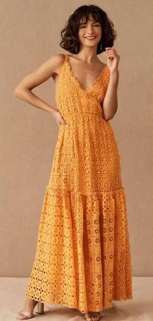 BHLDN x Free People Robinne Crochet Lace Maxi Dress Boho Yellow Orange Size M thumbnail 1