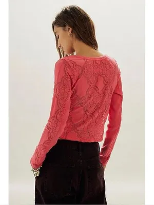 NEW Free People Coral Button-Front Lace Trim Long-Sleeve Top thumbnail 3